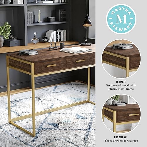 Martha Stewart Ollie Home Office Desk with 3 Drawers in Walnut Wood Grain with Polished Brass Hardware - color: Walnut Top/Polished Brass Frame