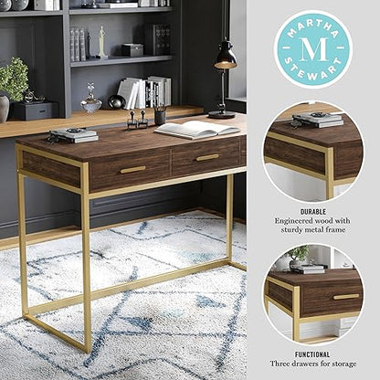 Martha Stewart Ollie Home Office Desk with 3 Drawers in Walnut Wood Grain with Polished Brass Hardware - color: Walnut Top/Polished Brass Frame