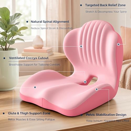 Ergonomic Lumbar & Seat Support Cushion | 2-in-1 Memory Foam Cushion with Coccyx Hollow Design for Office Chair, Car Seat, Home Use - Relieves Back & Hip Pain (Pink) - color: Pink