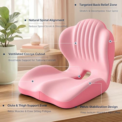 Ergonomic Lumbar & Seat Support Cushion | 2-in-1 Memory Foam Cushion with Coccyx Hollow Design for Office Chair, Car Seat, Home Use - Relieves Back & Hip Pain (Pink) - color: Pink