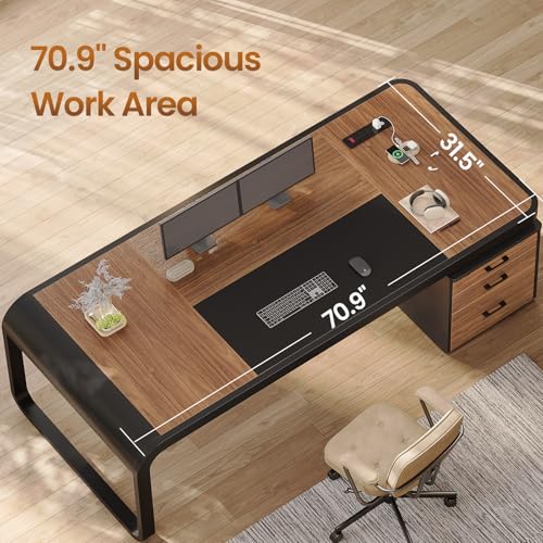 Itaar 70.9" Executive Desk, Large Computer Desk with Drawers and Lateral File Cabinet, Office Desk with Removable Shelves, Business Furniture Desk Workstation for Home Office, Brown - color: Brown