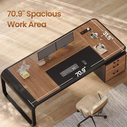 Itaar 70.9" Executive Desk, Large Computer Desk with Drawers and Lateral File Cabinet, Office Desk with Removable Shelves, Business Furniture Desk Workstation for Home Office, Brown - color: Brown