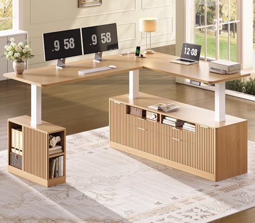 SEDETA Fluted L Shaped Executive Electric Standing Desk with 4 Drawers | 69" x 55" Height Adjustable Office Desk with Storage Shelves, Power Outlet, Sit Stand Computer Desk for Home Office, Natural - color: Natural