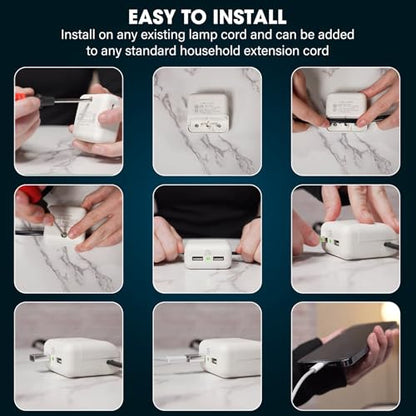 Clamp N Charge USB Charging Station for Lamp Cords, No Outlet, No Rewiring | DIY install in under a minute with a Phillips screwdriver; fits flat lamp cords, charges 2 devices, USB-C adapter included