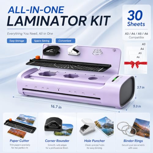 13 Inch Laminator Machine, 11x17 Hot & Cold Thermal Laminator, A3 11-in-1 Laminating Machine with 30 Sheets, 60s Warm-Up, Never-Jam Design Lamination for Teachers, Home, School & Office -Purple - color: Purple