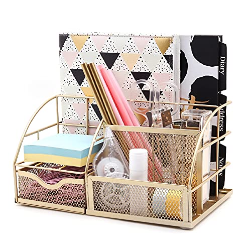 Exerz Desk Organizer Metal Mesh 7 Compartments Office Tidy Caddy Gold - color: Gold
