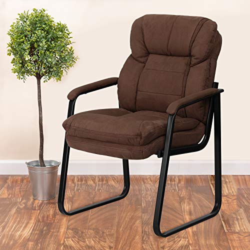 EMMA + OLIVER Brown Microfiber Side Chair with Lumbar Support and Sled Base - color: Brown Microfiber