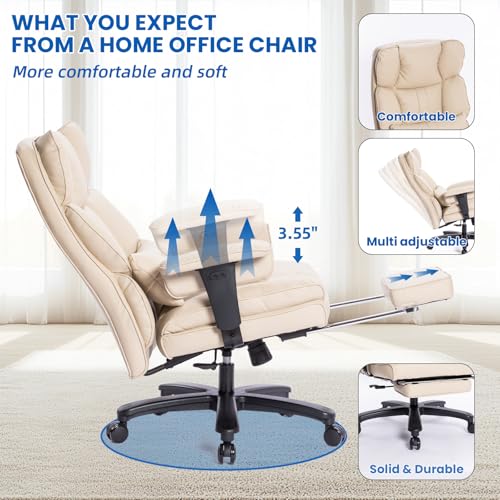 Big and Tall Office Chair with Foot Rest,Heavy Duty Office Chair(Beige) | PU Leather High Back Wide Desk Chair, Comfortable Executive Office Chair,135° Reclining, Adjustable Padded Armrests - color: Beige
