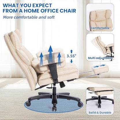Big and Tall Office Chair with Foot Rest,Heavy Duty Office Chair(Beige) | PU Leather High Back Wide Desk Chair, Comfortable Executive Office Chair,135° Reclining, Adjustable Padded Armrests - color: Beige