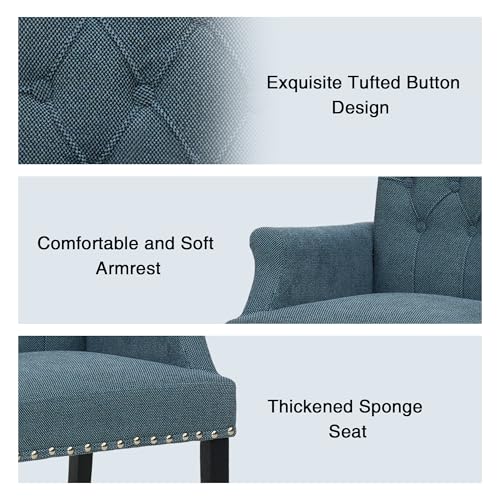 LOULENS Linen Dining Chair with Arms, Tufted Dining Room Chairs, Blue | Solid Wood Legs, Nailhead Trim, Accent Chair, Kitchen Chair - color: Light Blue, size: 1 PCS