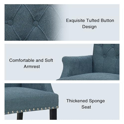 LOULENS Linen Dining Chair with Arms, Tufted Dining Room Chairs, Blue | Solid Wood Legs, Nailhead Trim, Accent Chair, Kitchen Chair - color: Light Blue, size: 1 PCS