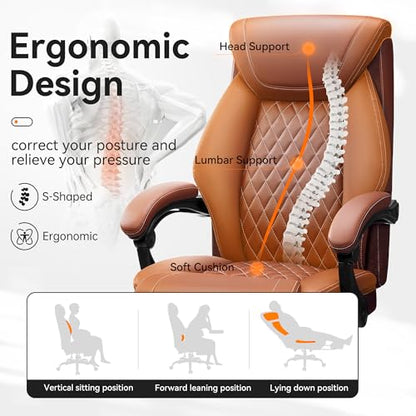 Office Chair, Executive Leather Chair Adjustable High Back, Ergonomic Computer Desk Chair Lumbar Support, Big and Tall Office Chair with Footrest, Comfy Reclining Chair for Home Office - color: Brown, style: With Footrest