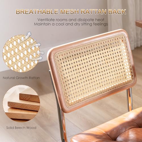 Zesthouse Leather Office Desk Chair with Wheels, Mid Century Rolling Desk Chair with Natural Rattan Back, Modern Swivel Home Office Chair, Small Height Adjustable Computer Task Chair, Brown - color: Brown, size: Armless