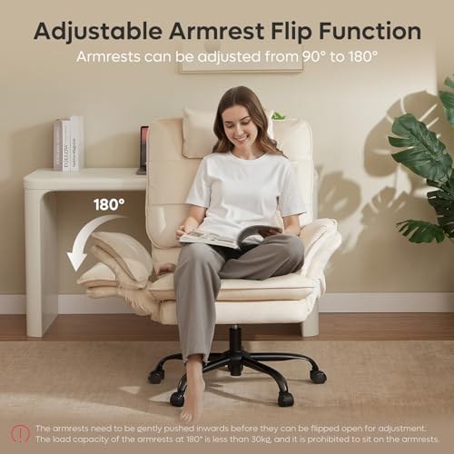 Bestier Swivel Executive Chair with Wheels and Headrest, Velvet Beige | 135° Reclining office chair with Flip-Up Armrests and Side Pockets, Wide and Tall Computer Gaming Chair for Home Makeup - color: Beige Velvet, size: High Back