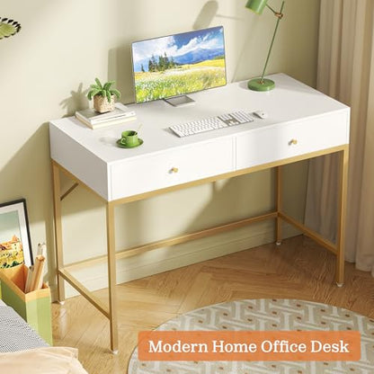 SUPERJARE 39.4" White and Gold Desk with 2 Drawers, Modern Makeup Desk - color: White and Gold, size: 39.4 inch