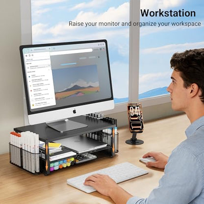 Desk Organizer and Accessories with Cellphone Holder, Height Adjustable 2-Tier Computer Monitor Stand Riser with Drawer and 2 Pen Holders,Office Desk Accessories for Office Supplies, Black