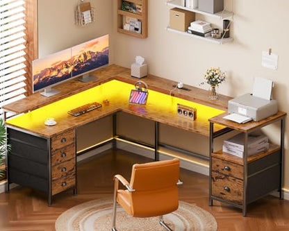 Furologee 95'' Two Person Computer Desk with 6 Drawers, LED, Rustic Brown - color: Rustic Brown