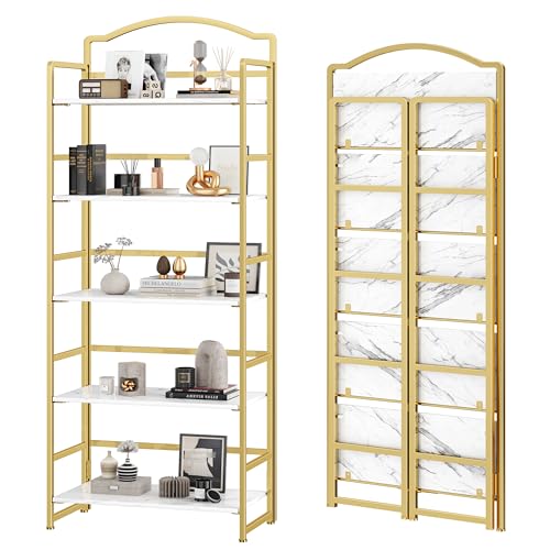 JSB 5 Tier No Assembly Folding Bookshelf, Arched Bookshelf, Foldable Bookcase for Living Room, Bedroom, Office,Skinny Bookshelf (White and Gold) - color: White and Gold, size: 5-Tier