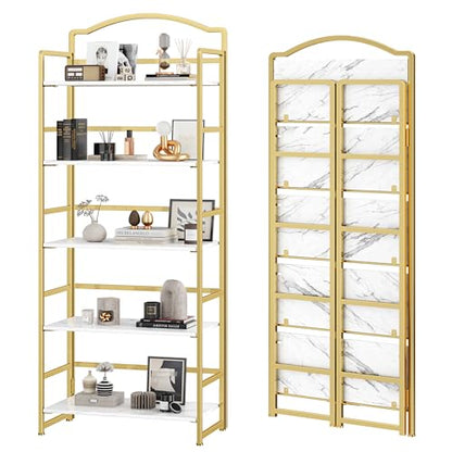 JSB 5 Tier No Assembly Folding Bookshelf, Arched Bookshelf, Foldable Bookcase for Living Room, Bedroom, Office,Skinny Bookshelf (White and Gold) - color: White and Gold, size: 5-Tier