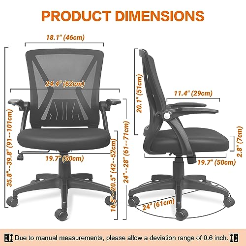 Mesh Office Chair Ergonomic Mid Back Swivel Black Mesh Desk Chair Flip Up Arms with Lumbar Support Computer Chair Adjustable Height Task Chairs