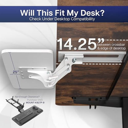 VIVO Adjustable 25 x 10 inch Computer Keyboard and Mouse Platform Tray Ergonomic Under Table Desk Mount Drawer Underdesk Shelf, White, MOUNT-KB03W | Adjustable Computer Keyboard and Mouse Platform, Ergonomic Under Table Desk Mount Drawer, Full Swivel - co
