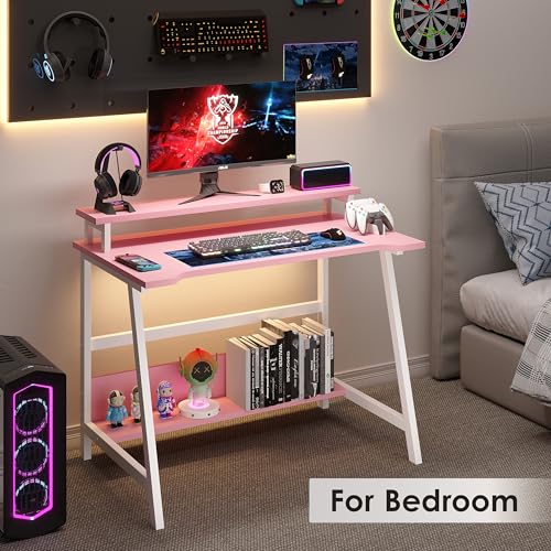 ALISENED 31.5 Inch Small Office Desk with Storage, Small Desk for Small Spaces, Compact Home Office Desk, Mini Study Desk for Bedroom, Pink