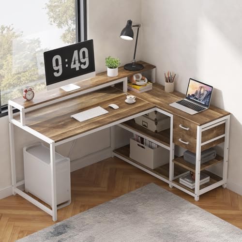 Tribesigns L Shaped Desk with Drawers and Storage Shelves, Corner Home Office Desk with Monitor Stand, 55" x 24" Desktop Computer Table, Gaming Study for Small Space (Oak) - color: Oak