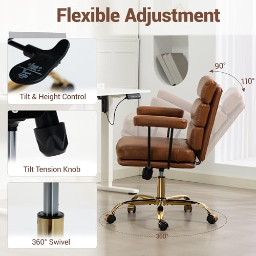 Leather Office Chair with Wheels,Ergonomic Swivel Rolling Task Chair,Padded Seat and Armrests,Adjustable Height Home Desk Chair,Executive Computer Chair, Gold Base Makeup Vanity Chair,Light Brown - color: Brown