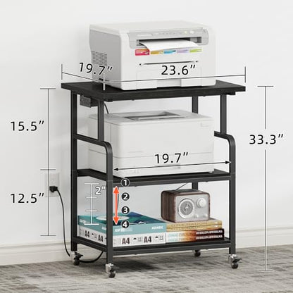 YAOHUOO 3 Tier Large Printer Stand with Power Outlet/Adjustable Shelf - color: Black, size: 23.6"×19.6"