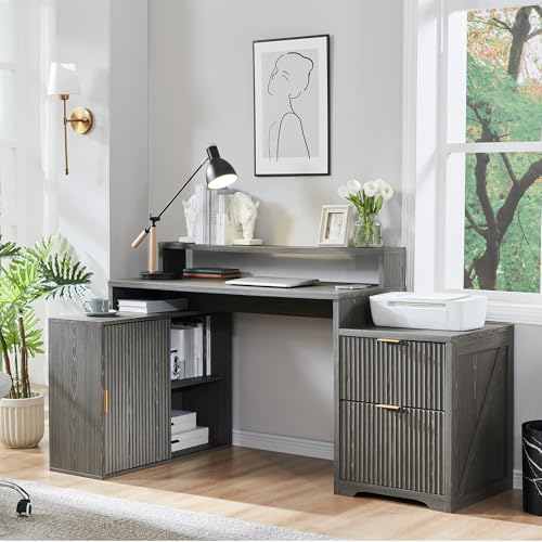 67"Modern Desk with Cabinet & 2 Drawers, Fluted Office Desk Built‑in Outlet - color: Grayish Green, size: 33"D x 67"W x 35.5"H