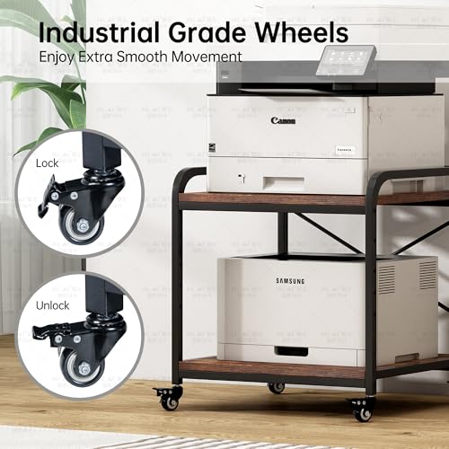 Fannova Large Size Under Desk Printer Stand, Height Adjustable Top Shelf | Table Top 20"x20", Fits 3D/Laser Printer, Heavy Duty Industrial Wheels, 2 Tier Rolling Cart Home Office Storage, Rustic Brown - color: Rustic Brown