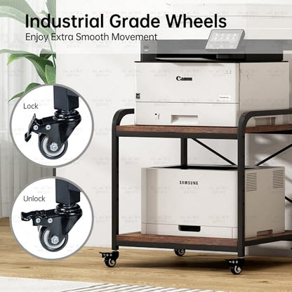 Fannova Large Size Under Desk Printer Stand, Height Adjustable Top Shelf | Table Top 20"x20", Fits 3D/Laser Printer, Heavy Duty Industrial Wheels, 2 Tier Rolling Cart Home Office Storage, Rustic Brown - color: Rustic Brown