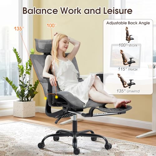 Grey Mesh Ergonomic High Back Office Chair with Footrest | Adjustable Lumbar Support, Headrest, Armrests, Reclining, Swivel, Rolling Casters, Sturdy Base, for Home Office & Gaming - color: Grey, style: Upgrade w/ footrest
