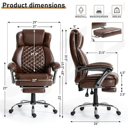 500 lbs Office Chair with Foot Rest, Reclining Executive Chair Brown | Big & Tall Computer Desk Chair, PU Ergonomic Lumbar Support, Thicker Pocket Spring Cushion, High Back - color: Brown