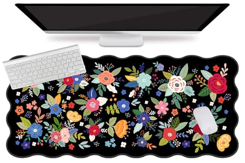 L-SPOUTTO Floral Mouse Pad, Black Scalloped Desk Mat XXL Gaming Mousepad | Botanical Large 35.4x15.7in Non-Slip Rubber Base Keyboard Pad Waterproof Desktop Mat for Laptop Computer Game Home Office - color: Colorful Flowers