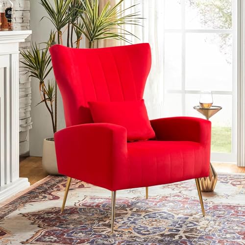 Velvet Accent Arm Chair, Modern Living Room Chair, Wingback Bedroom Side Chair with Gold Legs & Pillow, Channel Tufted, Red - color: Red, size: 1PC with Channel Tufted