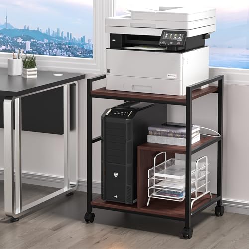 Lerliuo 24" Wide Large Printer Stand with Storage, Walnut | Printer Table for Home Office with Charging Station, 3 Tier Industrial Mobile Printer Cart with Lockable Wheels - color: Walnut