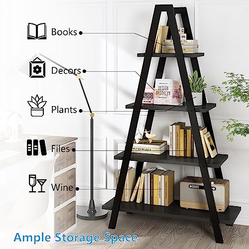 Recaceik 4-Tier A-Shaped Ladder Bookshelf, Industrial Wooden Bookcase with Metal Frame, Farmhouse Open Display Shelves for Living Room, Bedroom, Office - color: Black