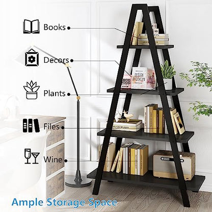 Recaceik 4-Tier A-Shaped Ladder Bookshelf, Industrial Wooden Bookcase with Metal Frame, Farmhouse Open Display Shelves for Living Room, Bedroom, Office - color: Black