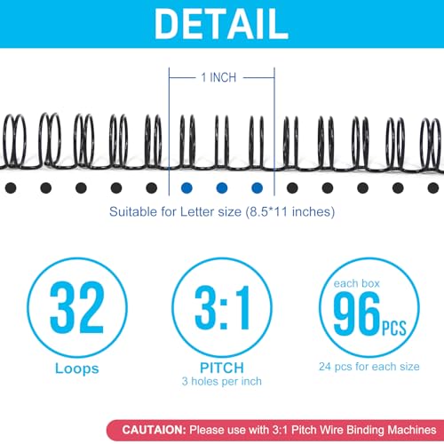 Rayson Wire Binding Spines, 3:1 Pitch, 32-Loop Black, Small Sizes, 96 Pack | Includes 24 pcs each: 1/4", 5/16", 3/8" and 7/16"; ideal for Letter-size reports, manuals and presentations. - size: Multi-Size (1/4", 5/16", 3/8", 7/16")
