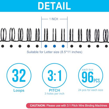 Rayson Wire Binding Spines, 3:1 Pitch, 32-Loop Black, Small Sizes, 96 Pack | Includes 24 pcs each: 1/4", 5/16", 3/8" and 7/16"; ideal for Letter-size reports, manuals and presentations. - size: Multi-Size (1/4", 5/16", 3/8", 7/16")
