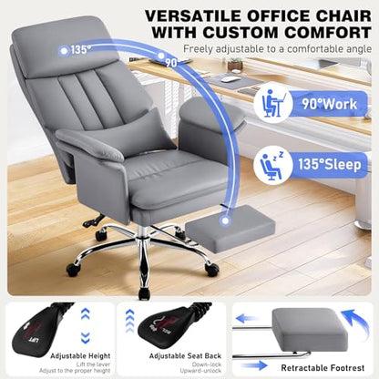 Comfortable Home Office Chair with Footrest 400lbs, Premium PU Leather Office Chair with High Back Adjustable Lumbar Support Double-Layered Armrests,Reclining Chairs,Gray - color: Grey