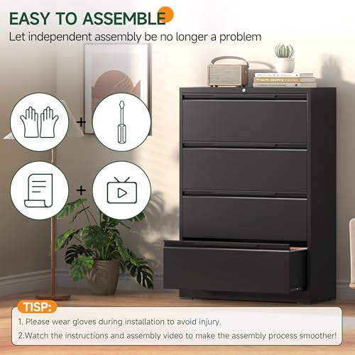 Lateral File Cabinet 4 Drawer, Metal File Cabinet with Lock - color: Black, size: 4 Drawer - Lateral