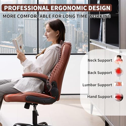 Leather Office Chair Swivel Lumbar Support for Short People Brown - color: Brown