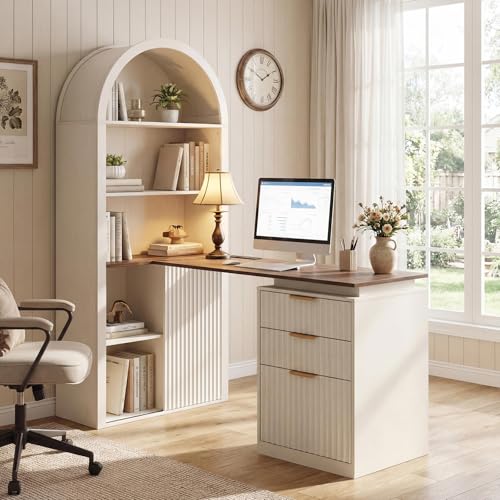 NORTHSKY 61" L Shaped Desk with Arched Hutch, White Corner Computer Desk with Power Outlets, 3 Drawers, File Cabinet and Sliding Door Storage for Home Office