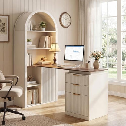 NORTHSKY 61" L Shaped Desk with Arched Hutch, White Corner Computer Desk with Power Outlets, 3 Drawers, File Cabinet and Sliding Door Storage for Home Office