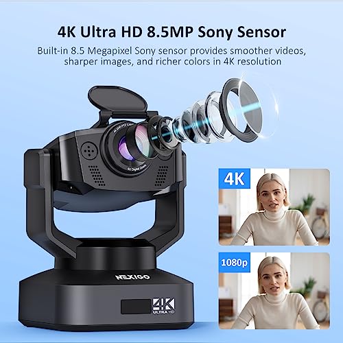 Zoom Certified, NexiGo N990 (Gen 2) 4K PTZ Webcam, Video Conference Camera System with 5X Digital Zoom, Sony_Starvis Sensor, Position Preset, Dual Stereo Mics, 3.5mm Audio Jacks for External Mics - color: Grey