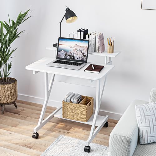 Dripex Computer Desk for Small Spaces, 27.5 inch Small Computer Desk, 3 Tier Compact Desk with Monitor Shelf and Bottom Storage Shelves, Space Saving Desk, White - color: White