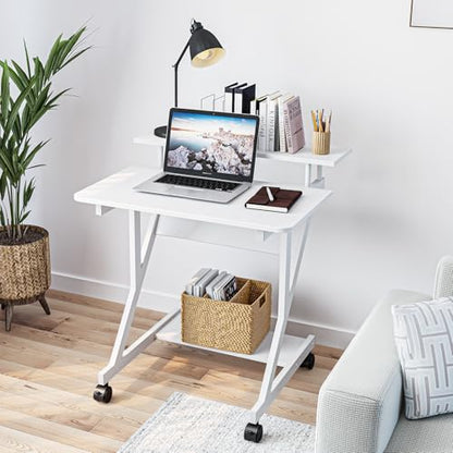 Dripex Computer Desk for Small Spaces, 27.5 inch Small Computer Desk, 3 Tier Compact Desk with Monitor Shelf and Bottom Storage Shelves, Space Saving Desk, White - color: White