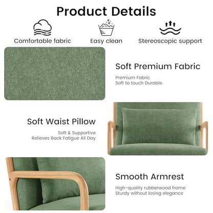 Mid Century Modern Accent Chair Set of 2, Upholstered Chair for Living Room, Accent Chair with Lumbar Pillow Solid Wood Frame Reading Chair Armchair for Bedroom Small Spaces, Green - color: Green